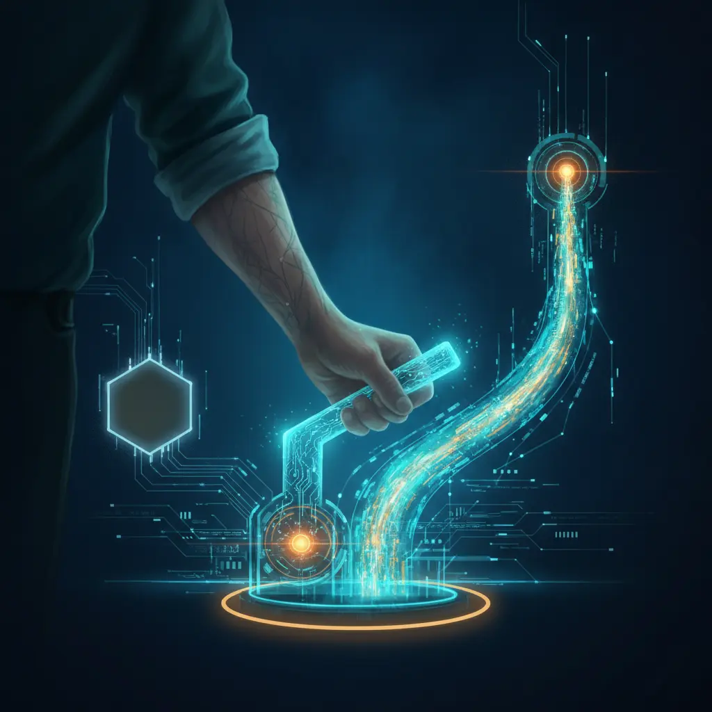 Holographic lever pulled by a human hand drives a mechanism: one side dims a public AI node, the other opens a glowing approved channel