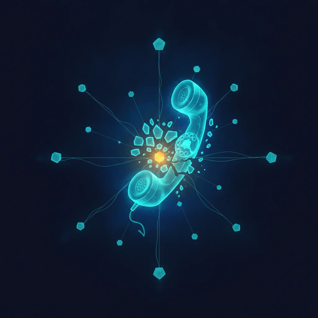 Holographic Bell-System rotary telephone fracturing into glowing decentralized nodes, evoking the 1984 AT&T breakup