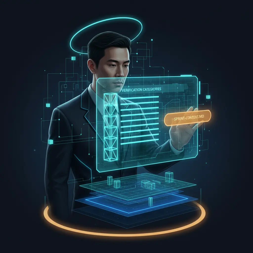 Technical analyst figure reviewing a teal-glow holographic specification panel, with an amber-glow sprint-context.md document at hand level marking the verification destination.