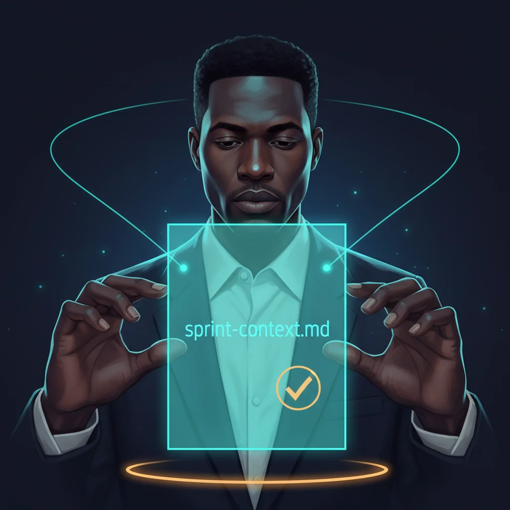 African American technical analyst balancing a teal-glow holographic sprint-context.md document, with an amber verified checkmark stamp pulsing on its surface.