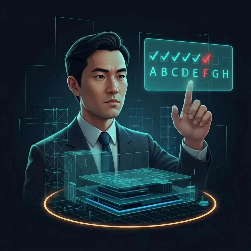 Asian technical analyst evaluating a teal-glow holographic A-through-H checklist, four items checked, a single amber pulse marking the item under active review.
