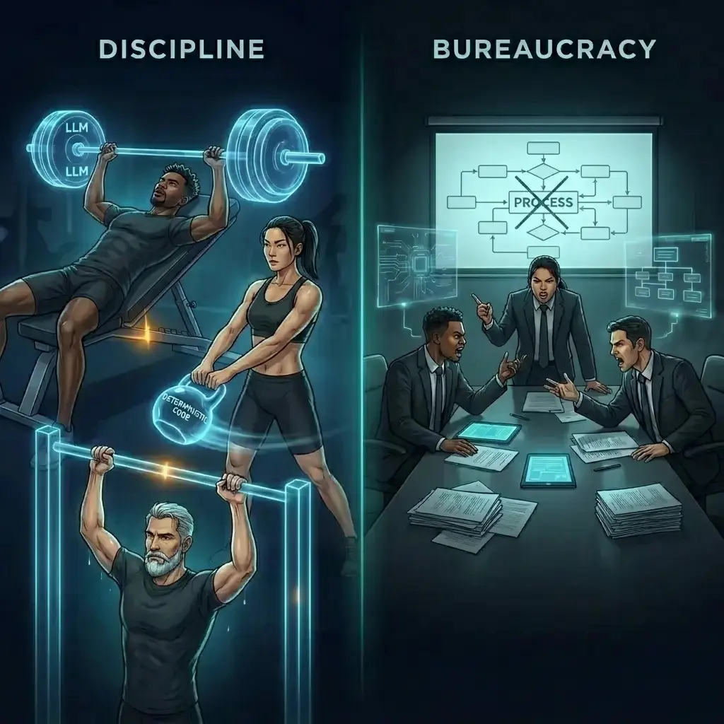 Split-panel contrast: three agents working out in a gym lifting weights labeled LLM and Deterministic Code on the discipline side, the same three agents arguing around a boardroom table on the bureaucracy side.